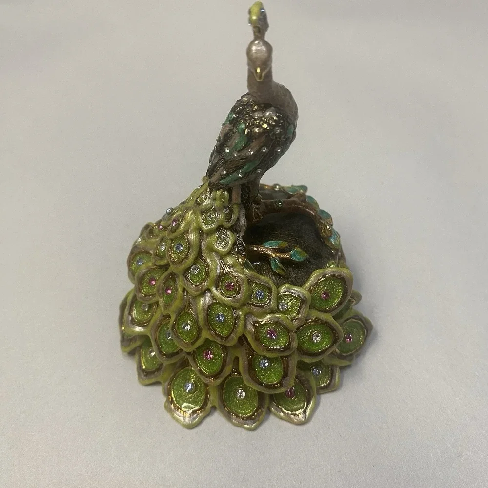 Enameled Rhinestone Peacock Trinket Box Jewelry Ring Holder Magnet Closure